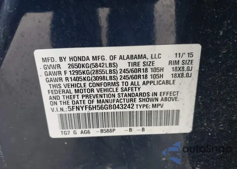 2016 Honda Pilot Ex-L z USA, uszkodzony, nr VIN 5FNYF6H56GB043242